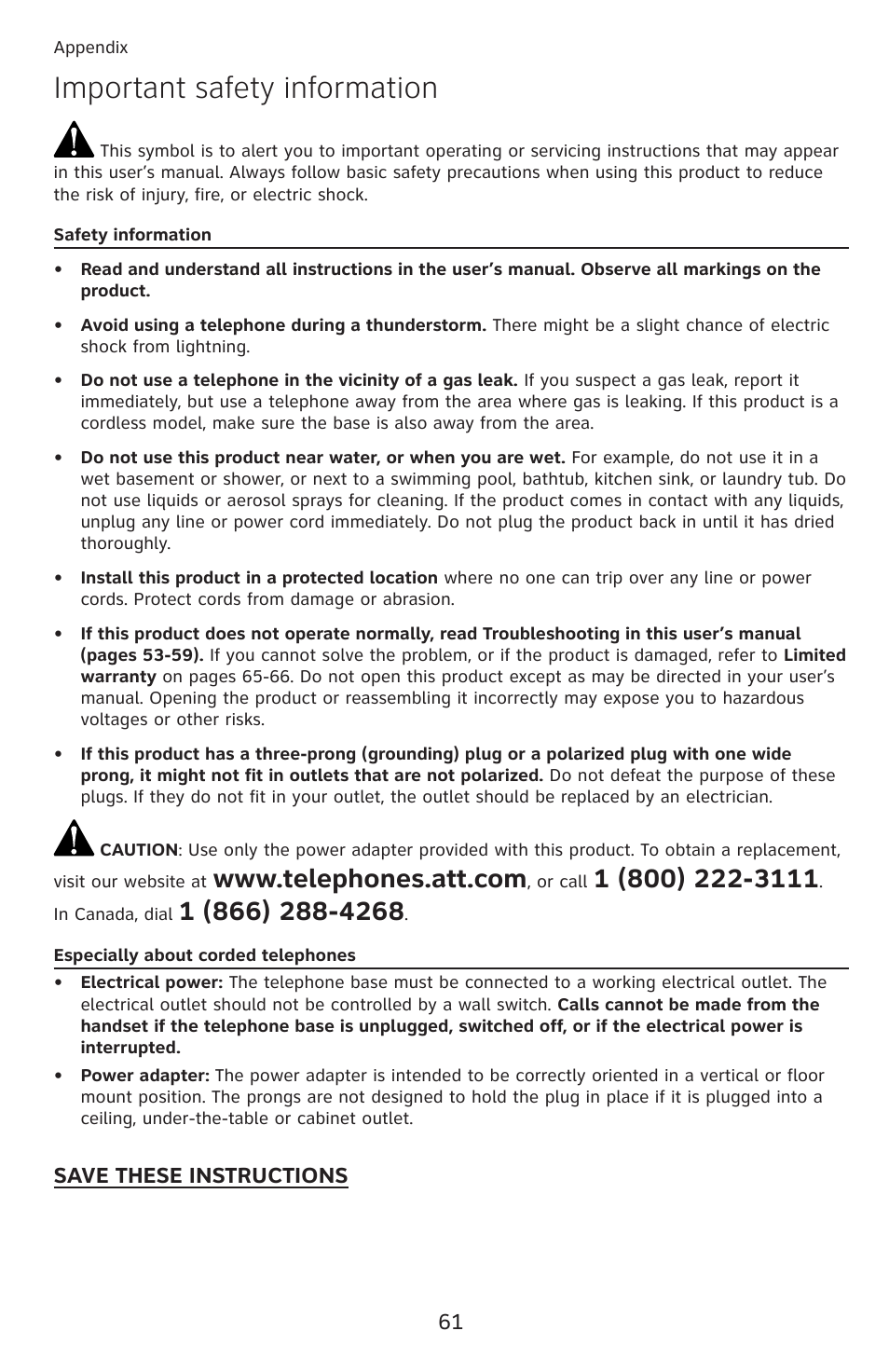 Important safety information, Save these instructions | AT&T CL4939 User Manual | Page 67 / 77