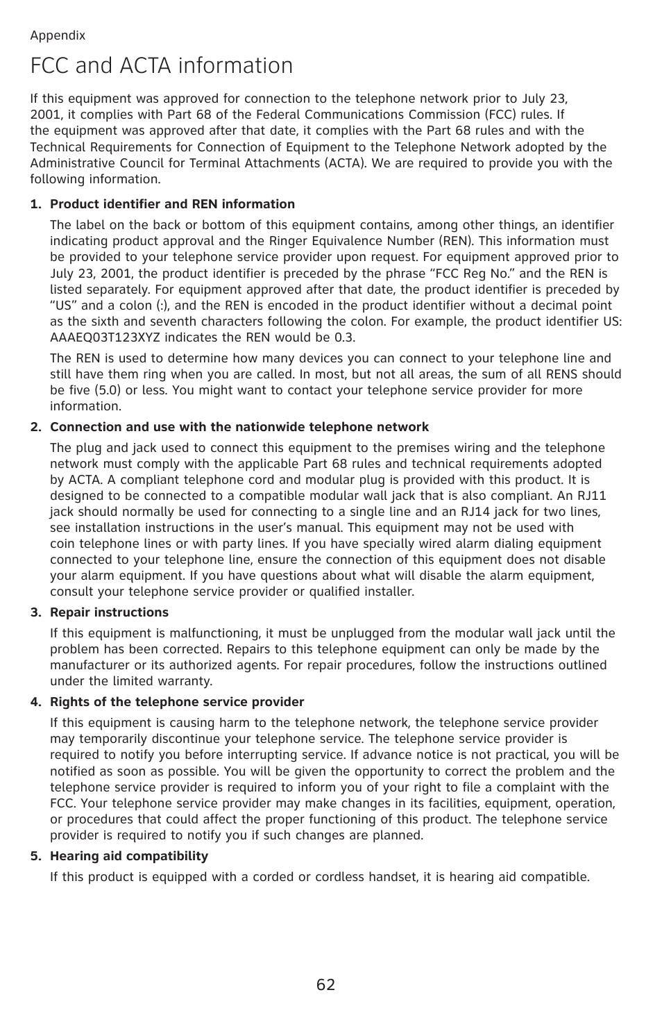 Fcc and acta information | AT&T CL4939 User Manual | Page 68 / 77