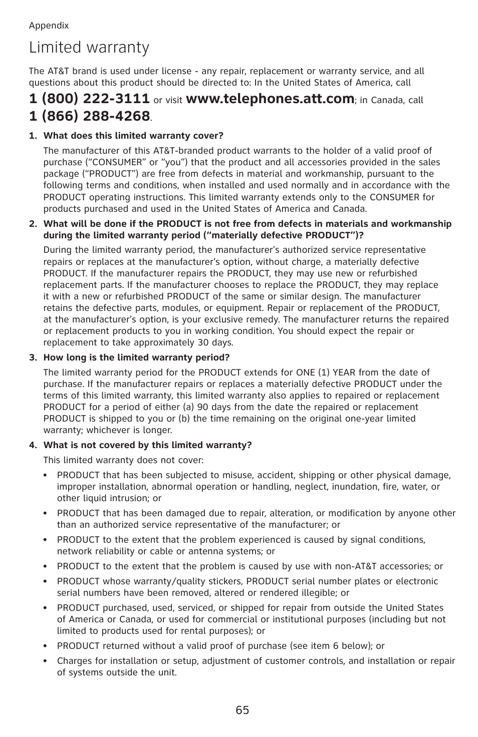 Limited warranty | AT&T CL4939 User Manual | Page 71 / 77
