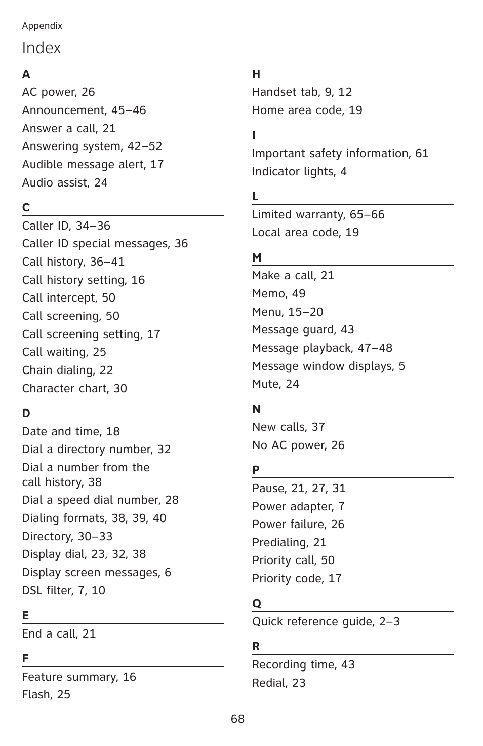 Index | AT&T CL4939 User Manual | Page 74 / 77