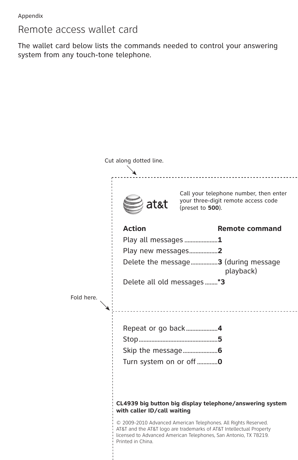 Remote access wallet card | AT&T CL4939 User Manual | Page 76 / 77