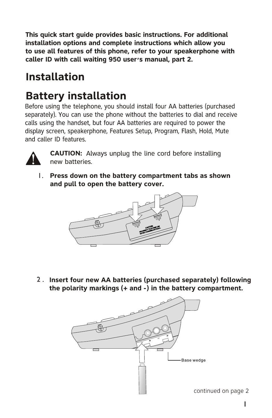 Installation, Battery installation, Installation battery installation | AT&T 950 User Manual | Page 2 / 10