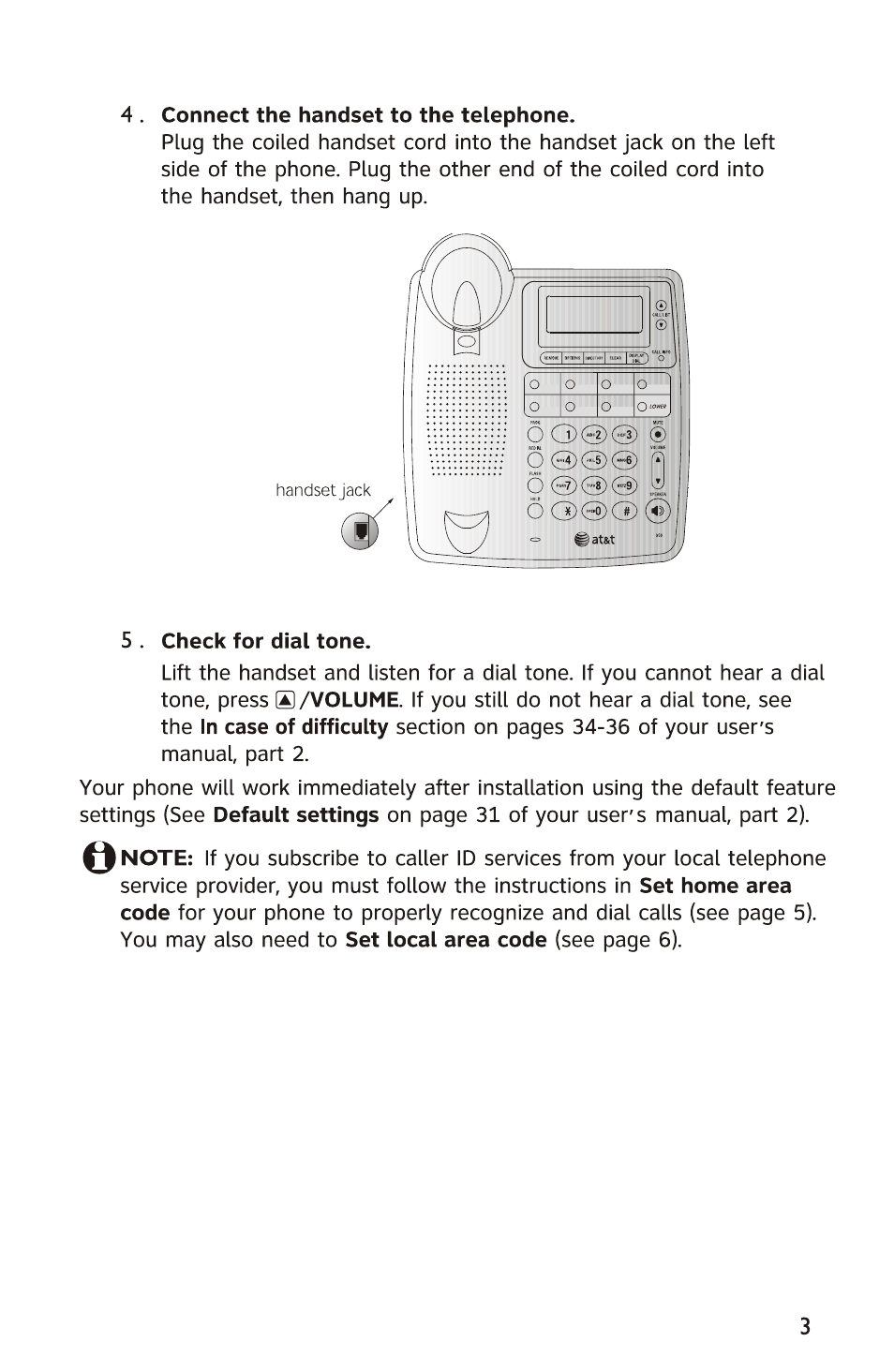 4 . connect the handset to the telephone, 5 . check for dial tone | AT&T 950 User Manual | Page 4 / 10