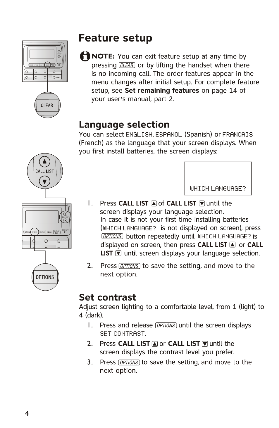 Feature setup, Language selection, Set contrast | AT&T 950 User Manual | Page 5 / 10