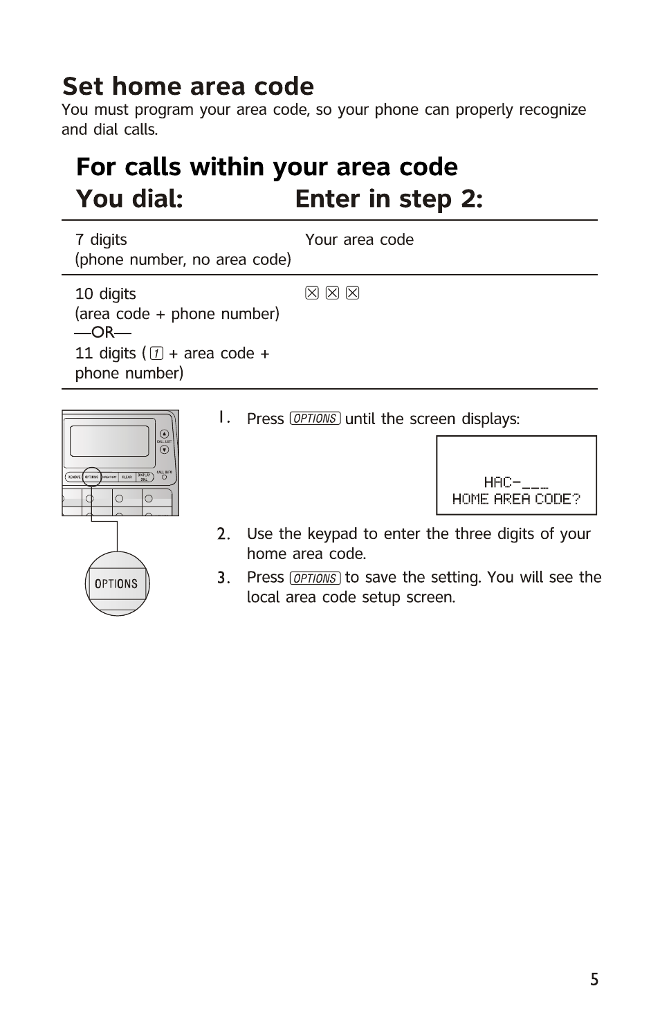 Set home area code | AT&T 950 User Manual | Page 6 / 10