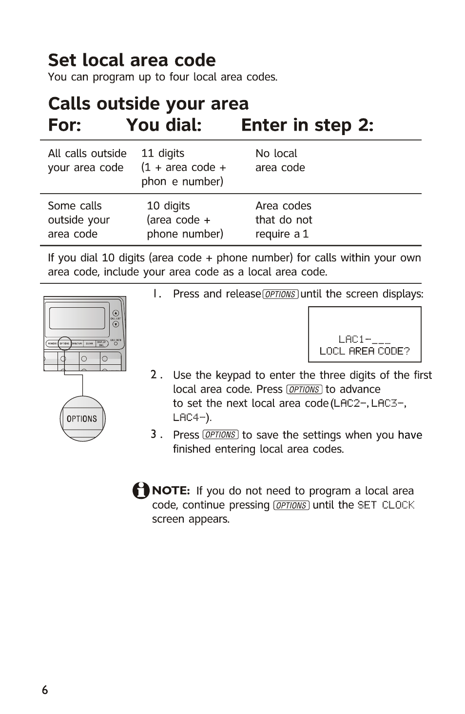 Set local area code, Calls outside your area, For: you dial: enter in step 2 | AT&T 950 User Manual | Page 7 / 10