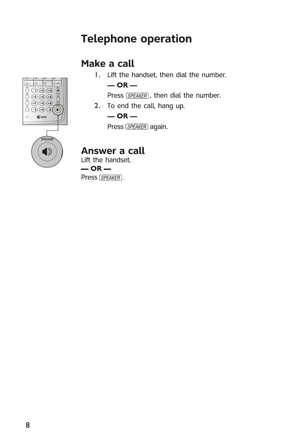 Telephone operation, Make a call, Answer a call | AT&T 950 User Manual | Page 9 / 10