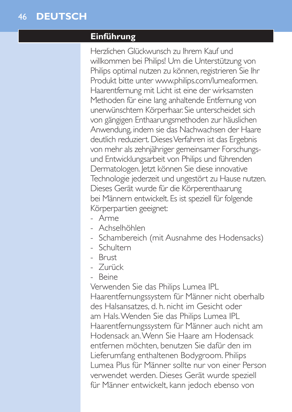 Deutsch | Philips Lumea Épilateur à lumière intense pulsée User Manual | Page 46 / 134