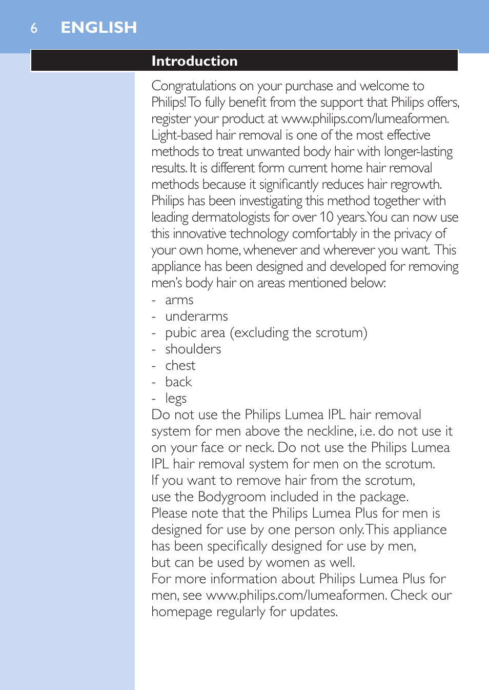 English | Philips Lumea Épilateur à lumière intense pulsée User Manual | Page 6 / 134