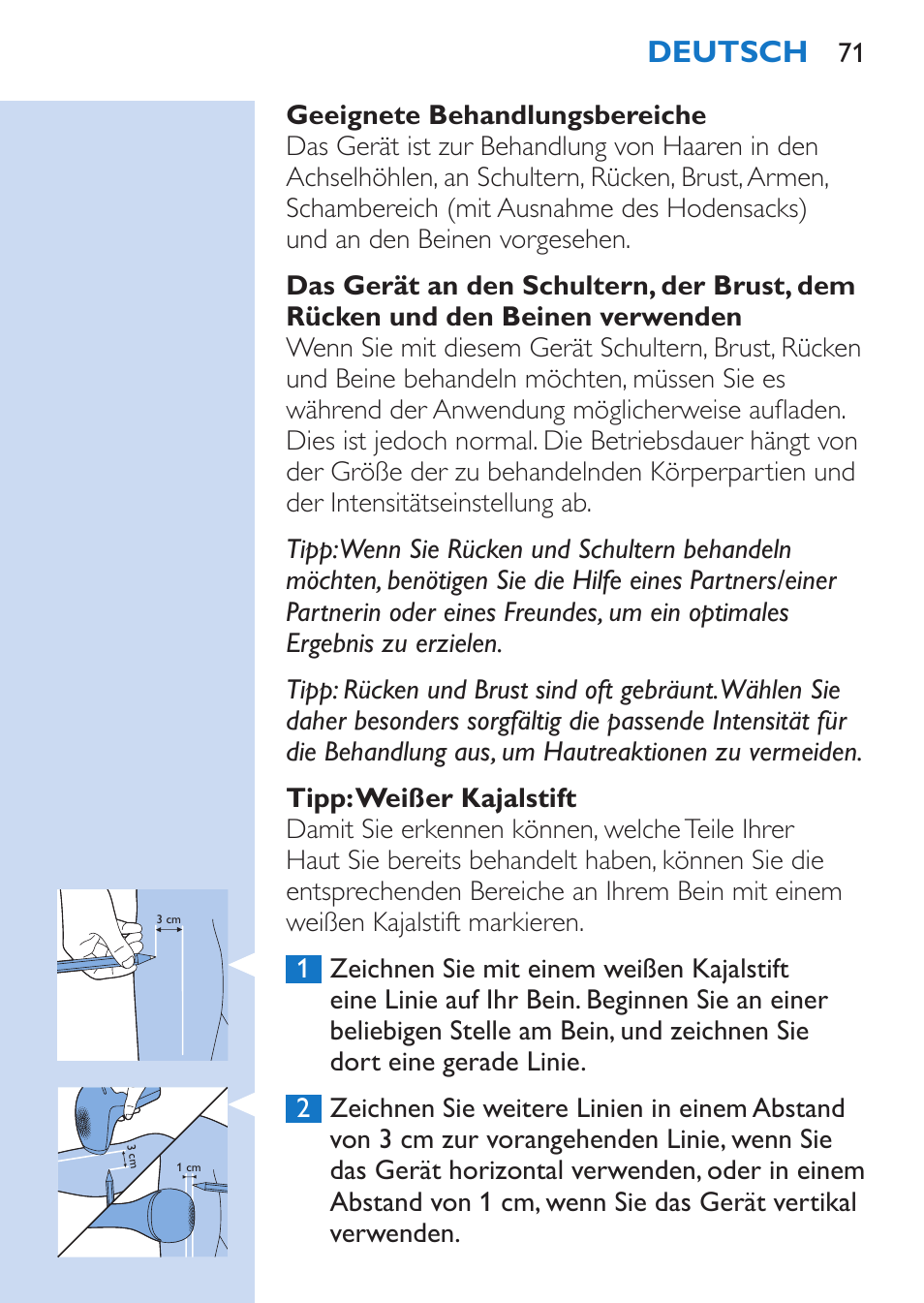 Deutsch | Philips Lumea Épilateur à lumière intense pulsée User Manual | Page 71 / 134