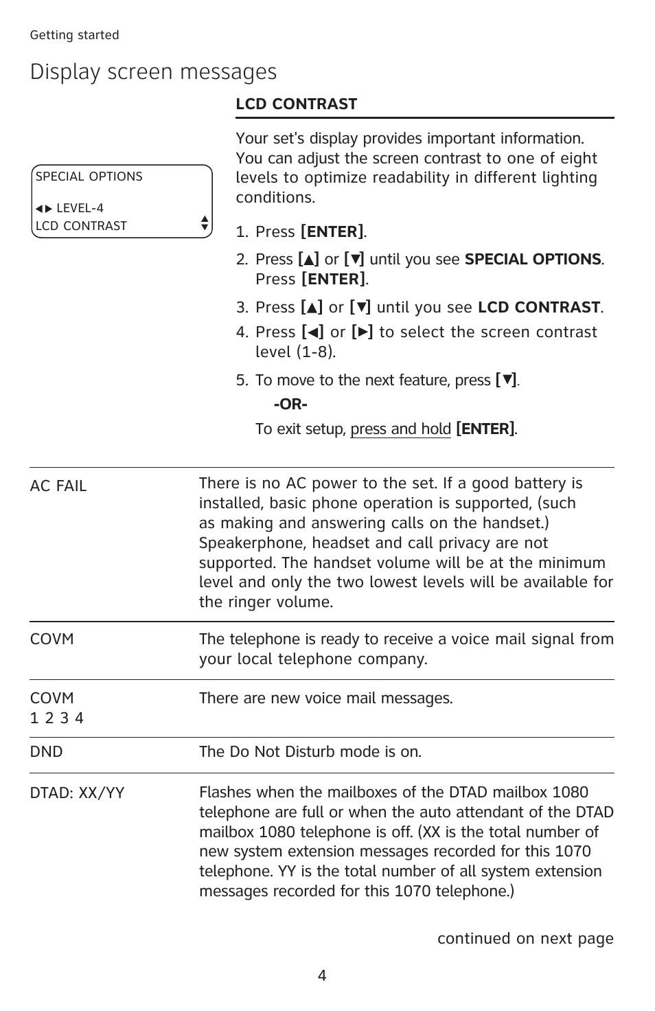 Display screen messages | AT&T 1070 speakerphone User Manual | Page 10 / 15