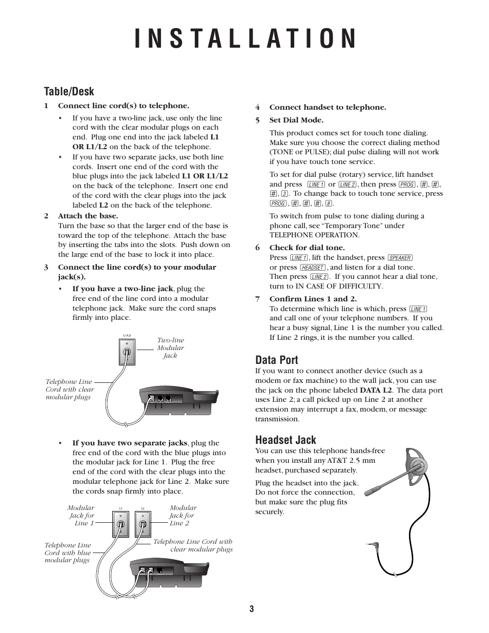 Data port, Headset jack, Table/desk | AT&T 952 User Manual | Page 3 / 8