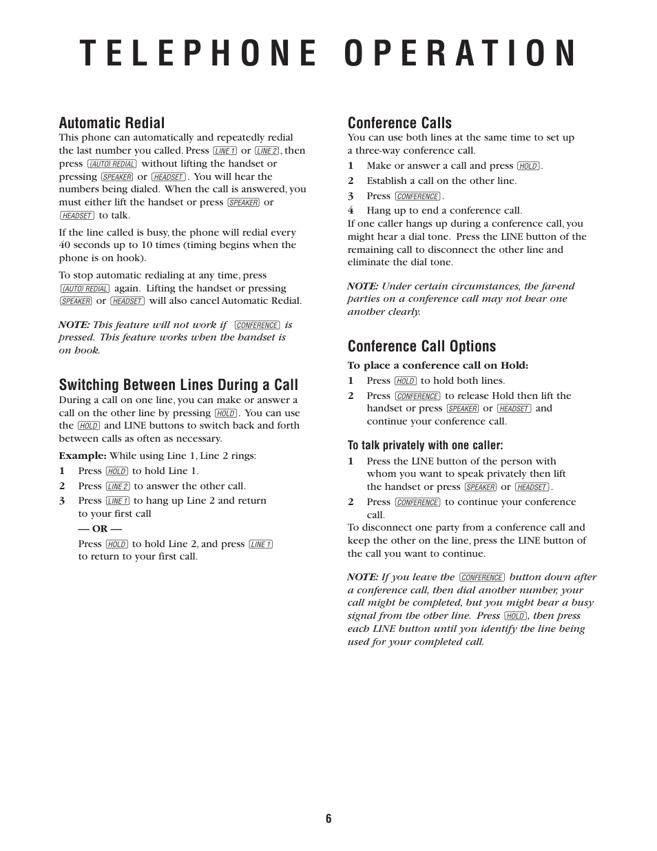 Automatic redial, Switching between lines during a call, Conference calls | Conference call options | AT&T 952 User Manual | Page 6 / 8