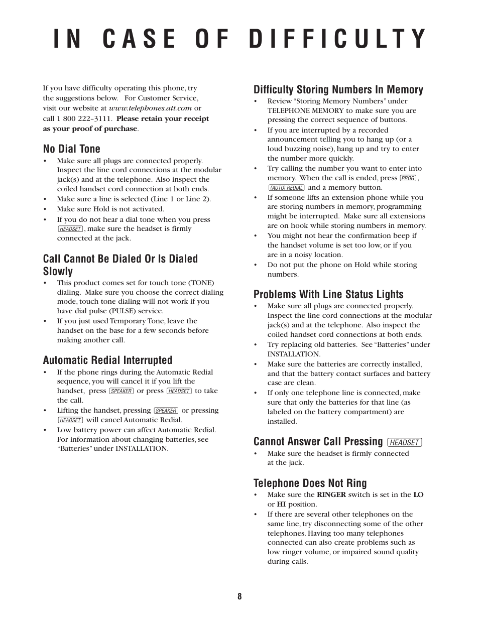 No dial tone, Call cannot be dialed or is dialed slowly, Automatic redial interrupted | Problems with line status lights, Cannot answer call pressing h, Telephone does not ring | AT&T 952 User Manual | Page 8 / 8