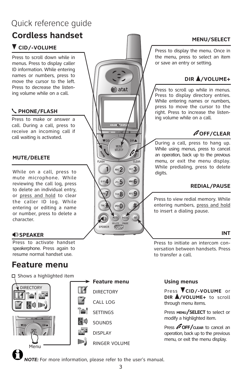 Quick reference guide, Cordless handset feature menu | AT&T E2912B User Manual | Page 4 / 6