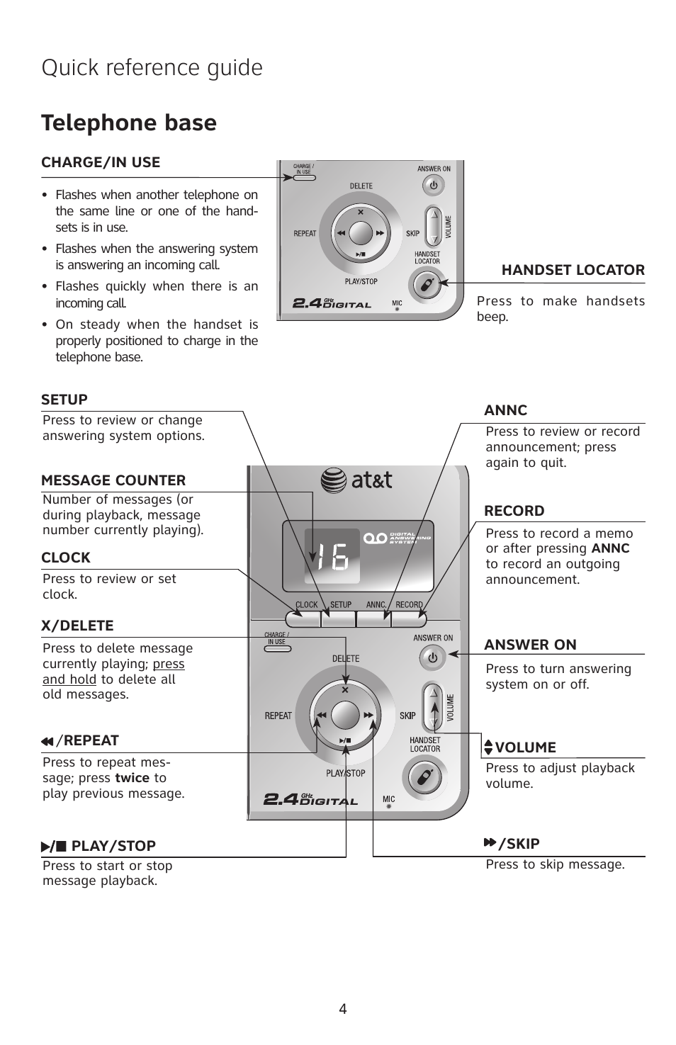 Quick reference guide telephone base | AT&T E2912B User Manual | Page 5 / 6