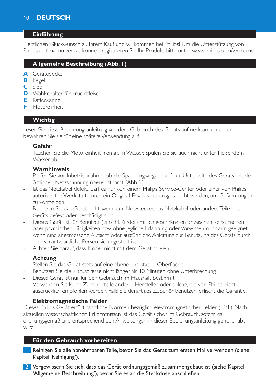 Gefahr, Warnhinweis, Achtung | Elektromagnetische felder, Deutsch, Einführung, Allgemeine beschreibung (abb. 1), Wichtig, Für den gebrauch vorbereiten | Philips Presse-agrumes User Manual | Page 10 / 36