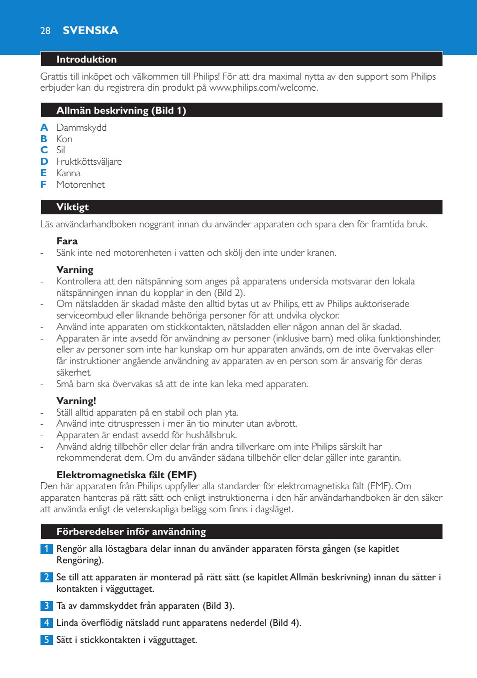 Fara, Varning, Elektromagnetiska fält (emf) | Svenska, Introduktion, Allmän beskrivning (bild 1), Viktigt, Förberedelser inför användning | Philips Presse-agrumes User Manual | Page 28 / 36