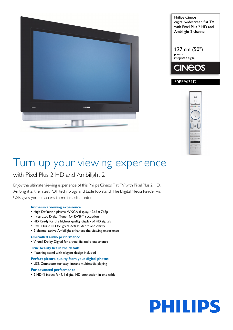 Philips Cineos Téléviseur écran plat numérique à écran large User Manual | 3 pages