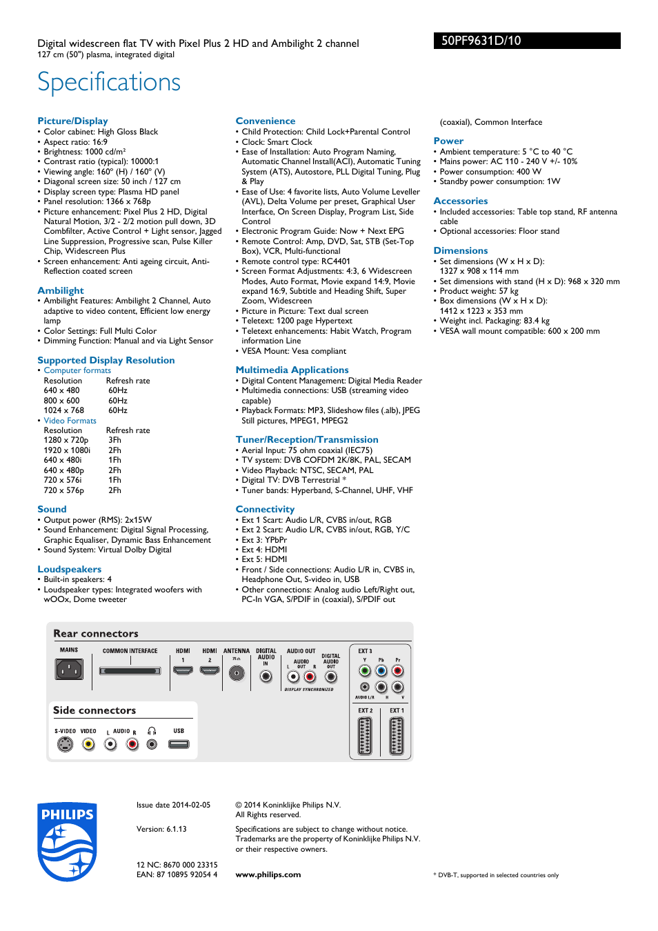 Specifications | Philips Cineos Téléviseur écran plat numérique à écran large User Manual | Page 3 / 3