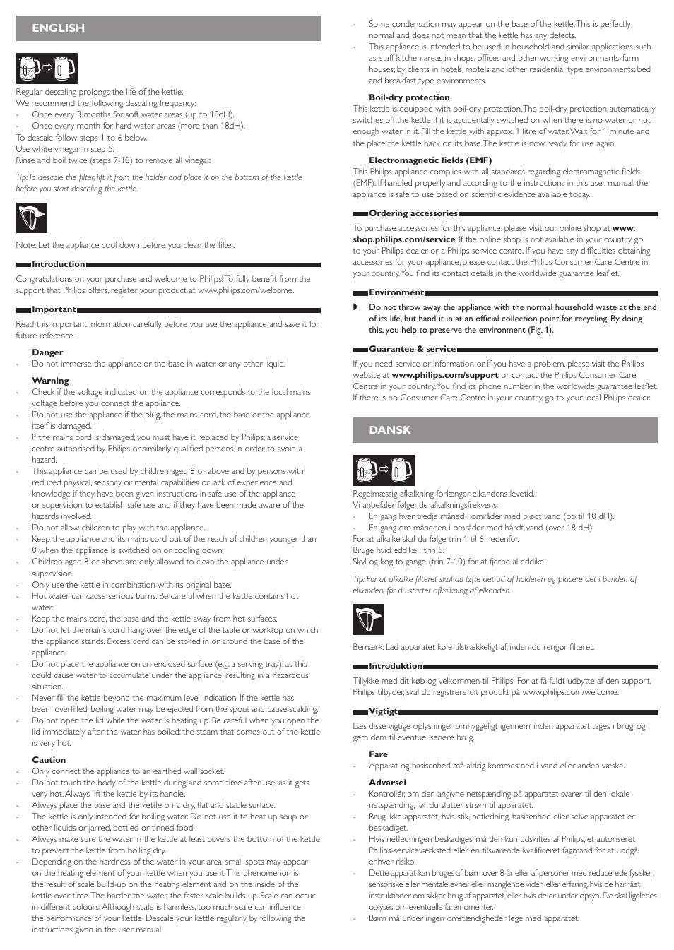 Dansk, English | Philips Daily Collection Bouilloire User Manual | Page 3 / 12