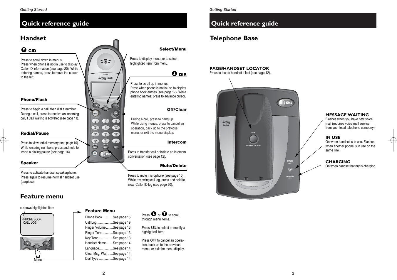 Quick reference guide, Handset, Feature menu | Telephone base | AT&T 1231 User Manual | Page 3 / 15