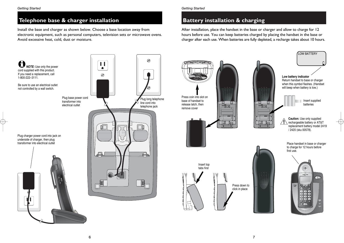 Battery installation & charging, Telephone base & charger installation | AT&T 1231 User Manual | Page 5 / 15