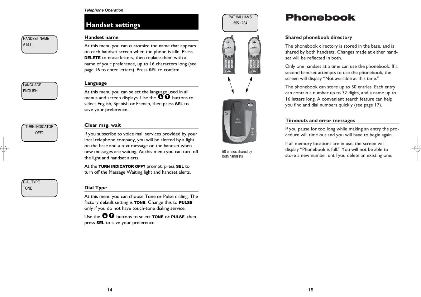 Phonebook, Handset settings | AT&T 1231 User Manual | Page 9 / 15