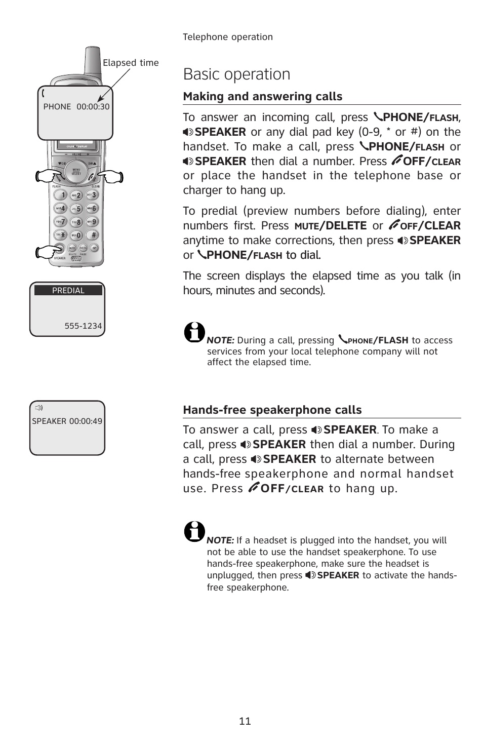 Basic operation, Hands-free speakerphone calls, Or speaker then dial a number. press off | Delete or | AT&T E2912 User Manual | Page 14 / 71