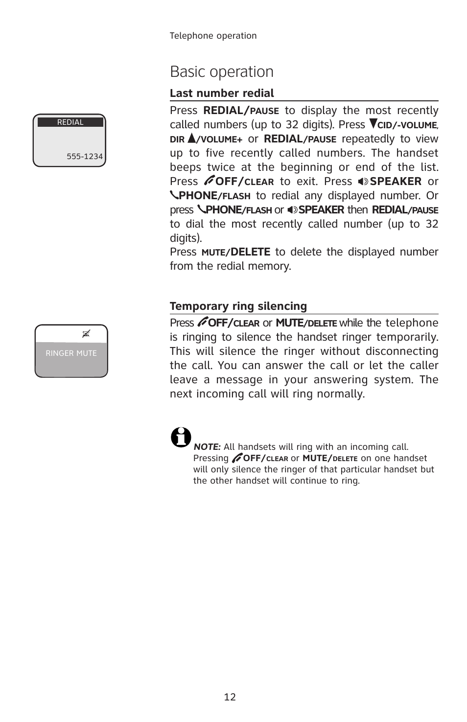 Last number redial, Temporary ring silencing, Basic operation | AT&T E2912 User Manual | Page 15 / 71