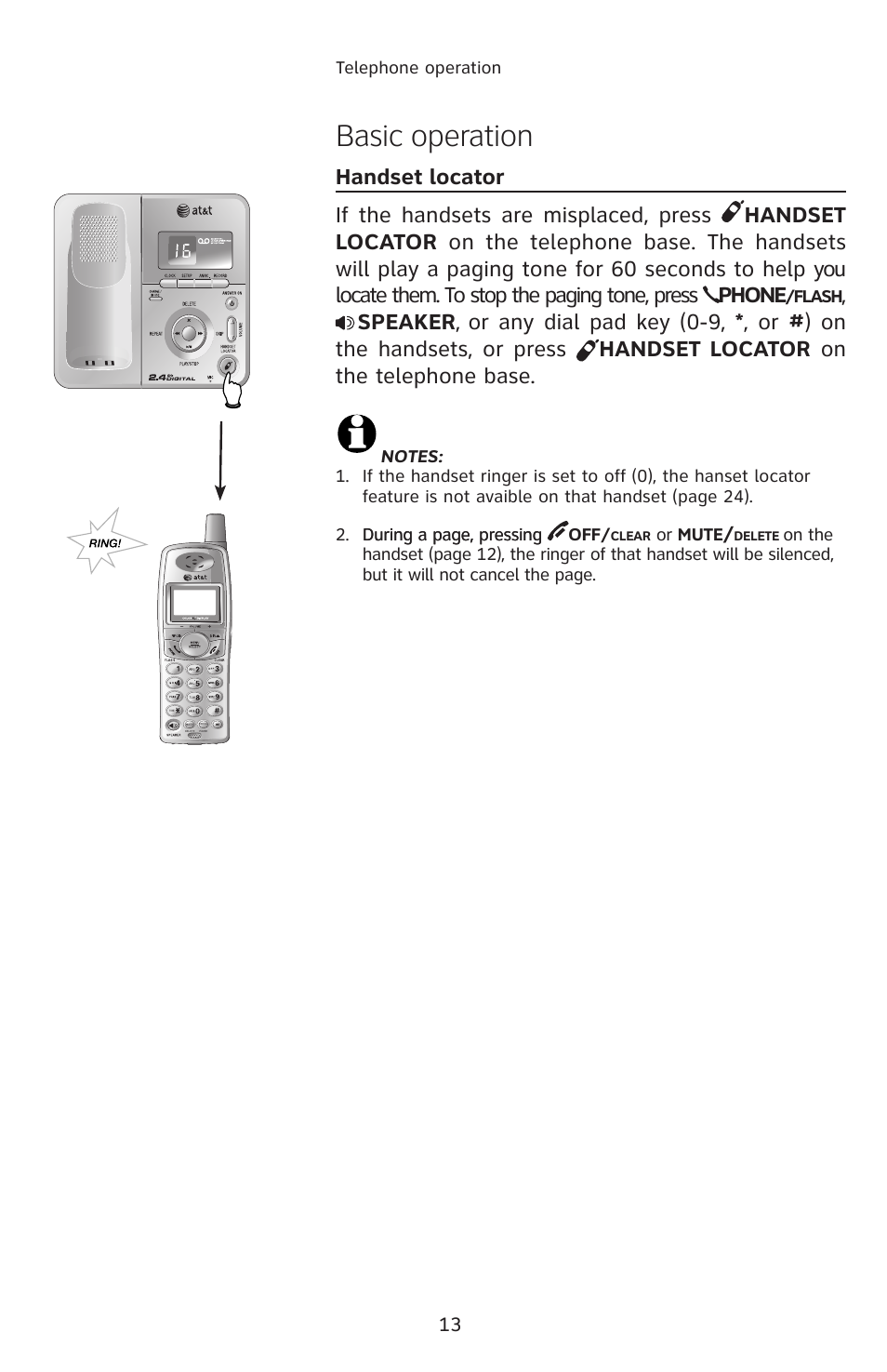 Handset locator, Basic operation, Speaker | AT&T E2912 User Manual | Page 16 / 71