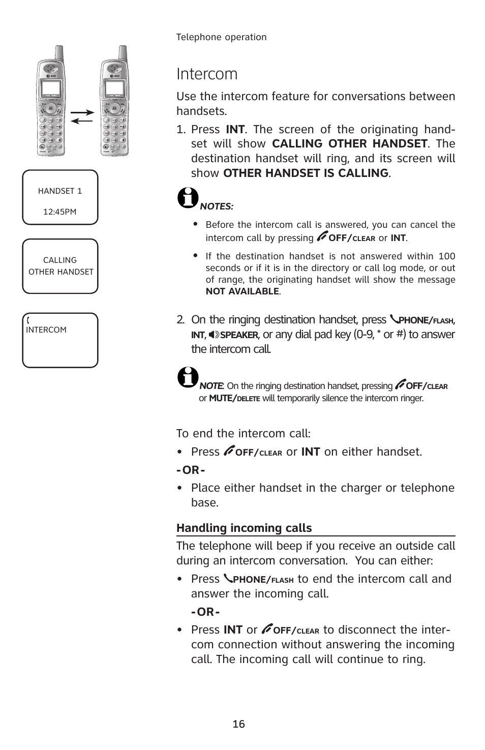 Intercom, On the ringing destination handset, press | AT&T E2912 User Manual | Page 19 / 71