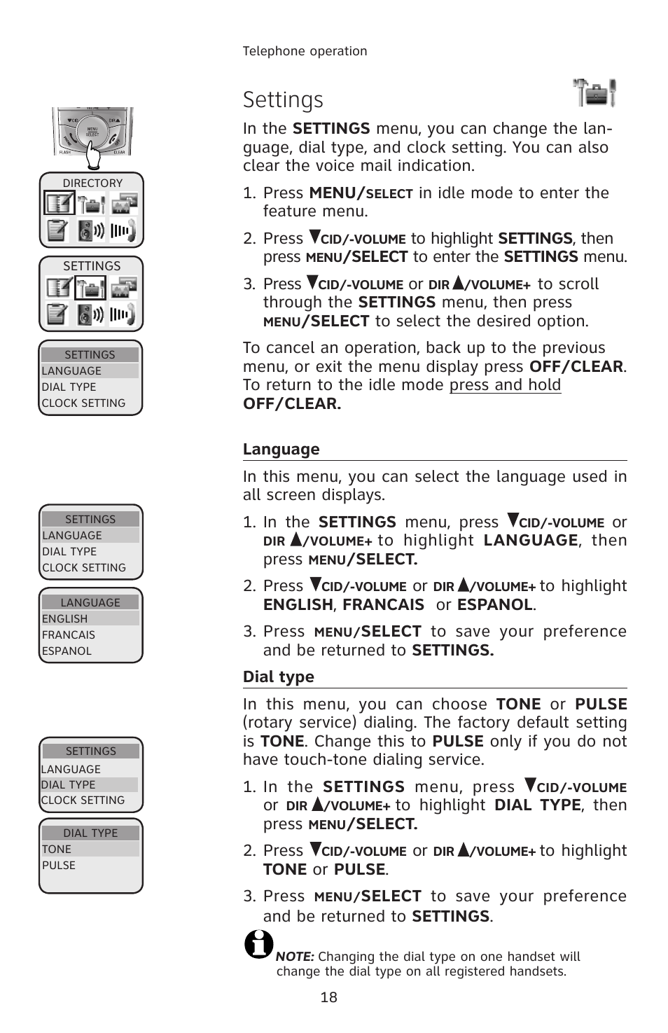 Settings, Language, Dial type | Select to enter the settings menu. 3. press, Select. 2. press | AT&T E2912 User Manual | Page 21 / 71