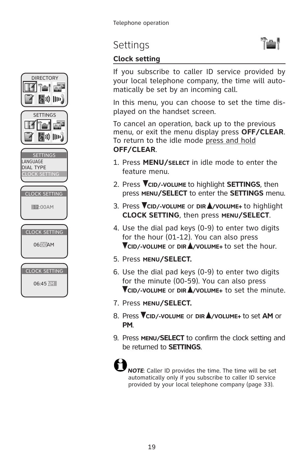 Clock setting, Settings | AT&T E2912 User Manual | Page 22 / 71