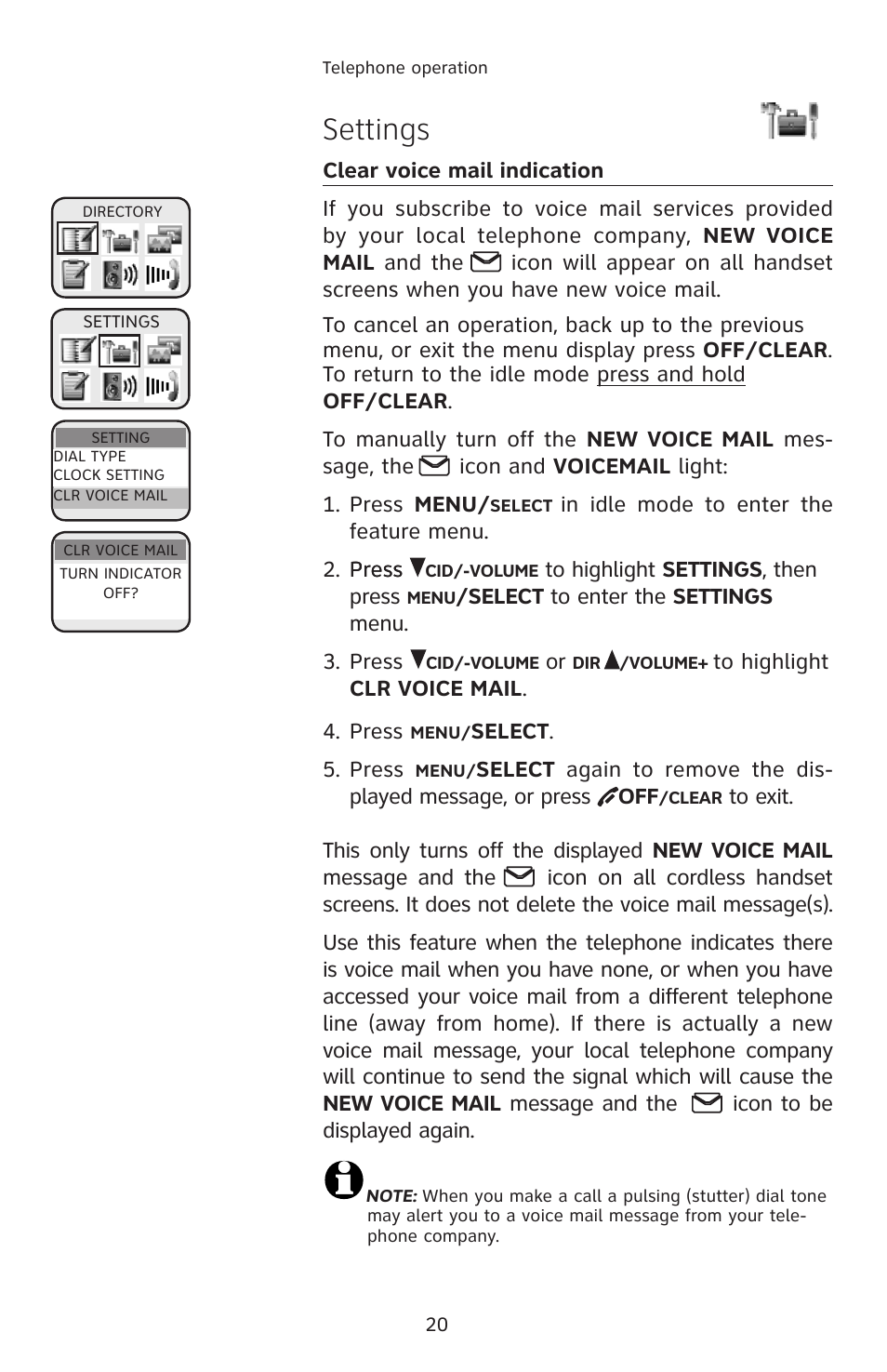 Clear voice mail indication, Settings | AT&T E2912 User Manual | Page 23 / 71