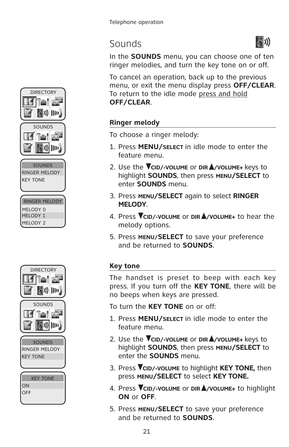 Sounds, Ringer melody, Key tone | AT&T E2912 User Manual | Page 24 / 71