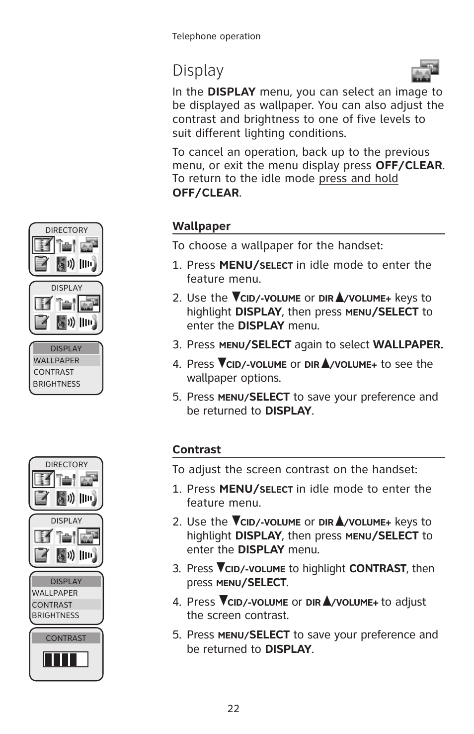 Display, Wallpaper, Contrast | AT&T E2912 User Manual | Page 25 / 71