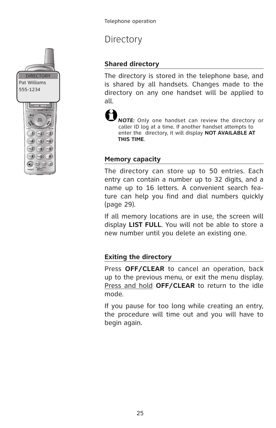 Directory, Shared directory, Memory capacity | Exiting the directory | AT&T E2912 User Manual | Page 28 / 71
