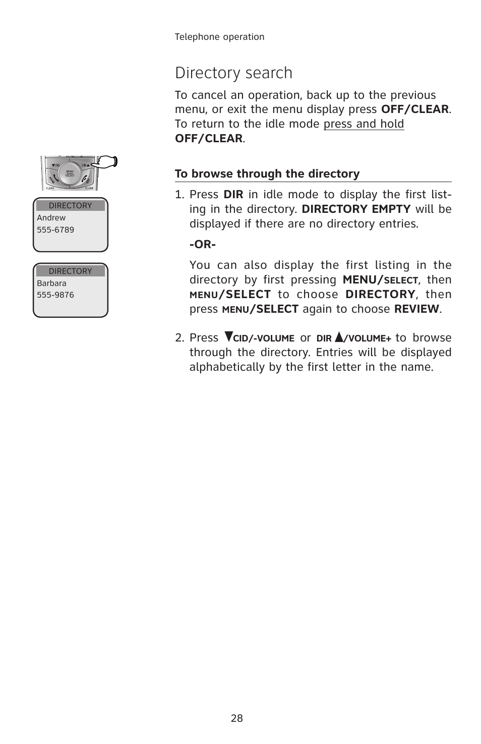 Directory search, To browse through the directory, Then | Select to choose directory , then press, Select again to choose review . 2. press | AT&T E2912 User Manual | Page 31 / 71