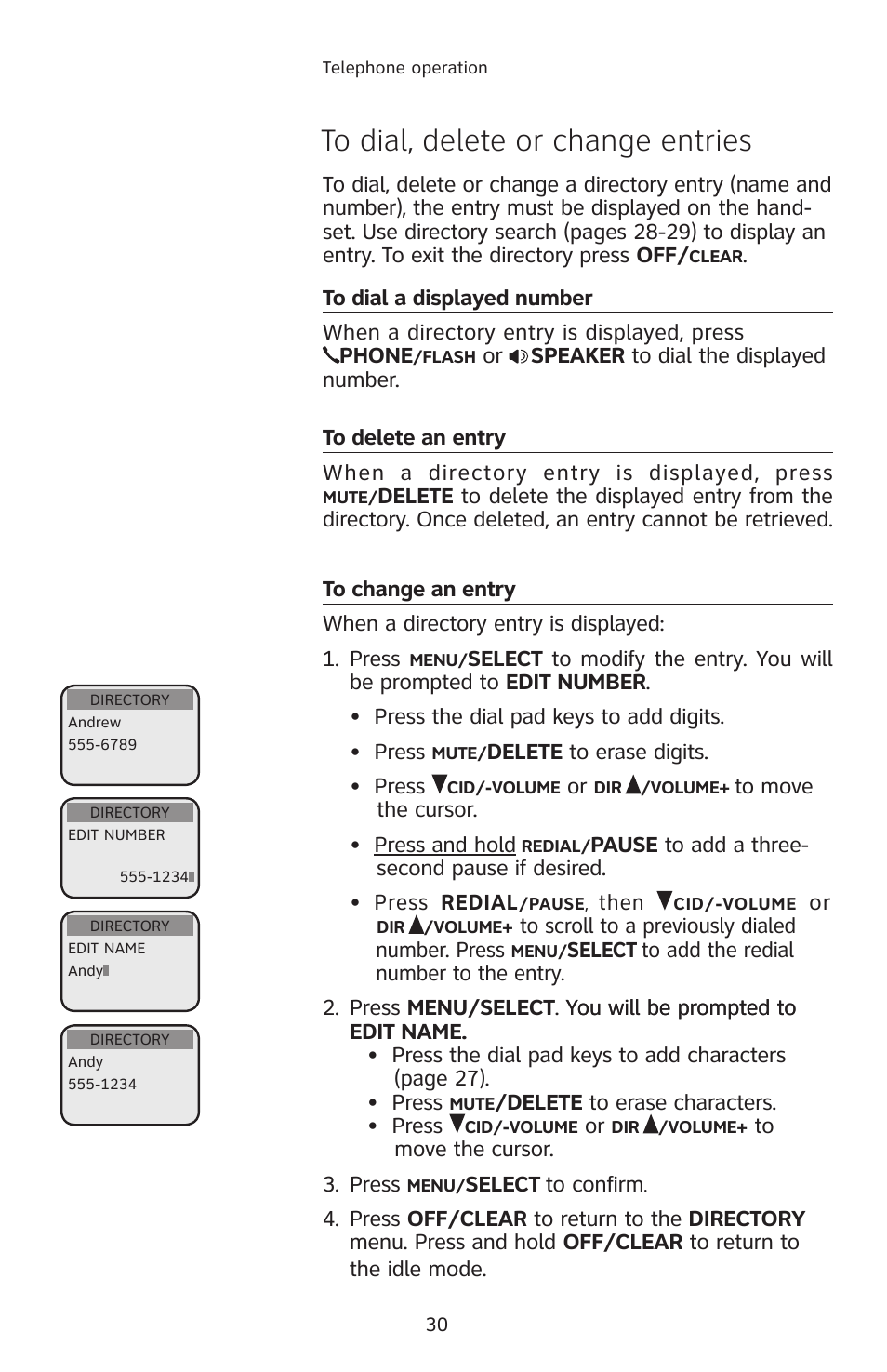 To dial, delete or change entries, To dial a displayed number, To delete an entry | To change an entry | AT&T E2912 User Manual | Page 33 / 71