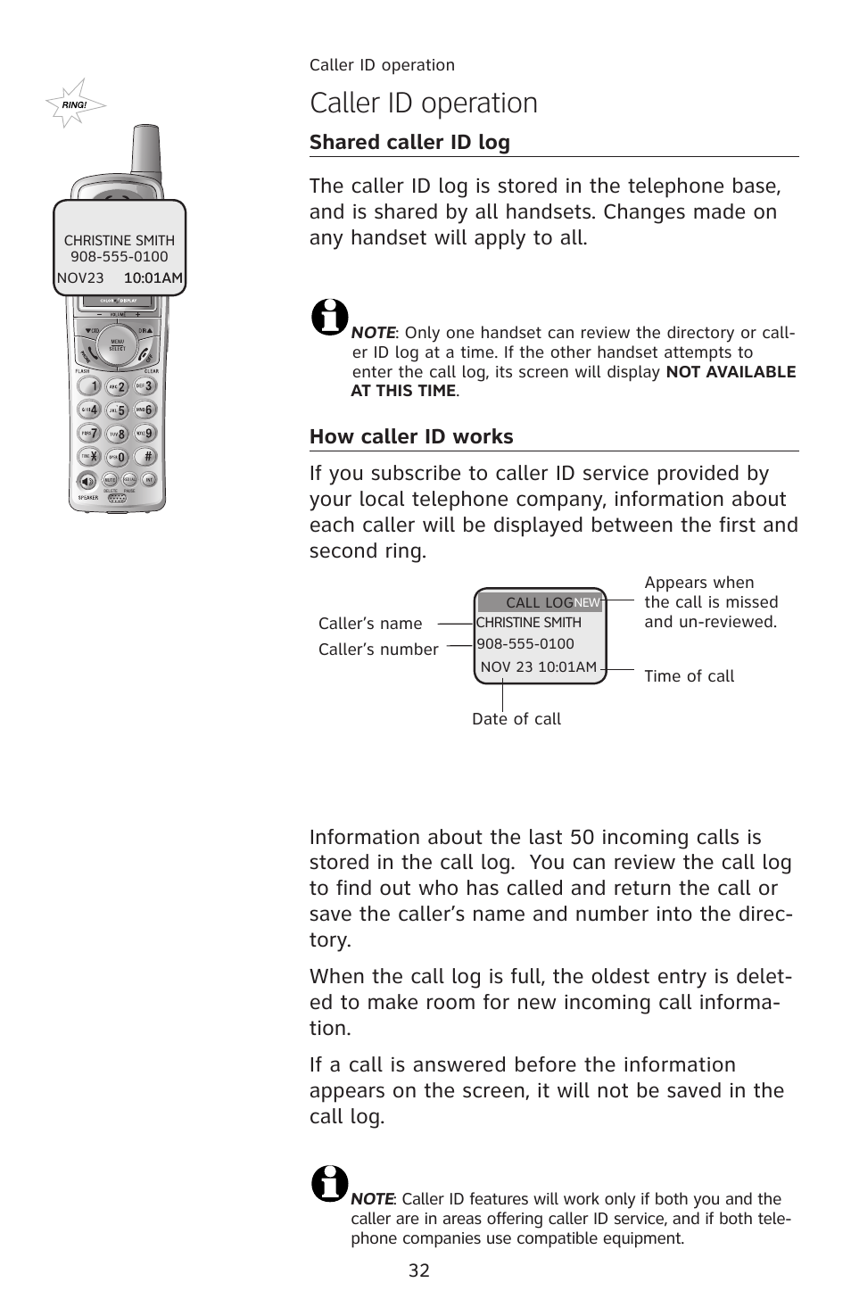 Shared caller id log, How caller id works, Caller id operation | AT&T E2912 User Manual | Page 35 / 71