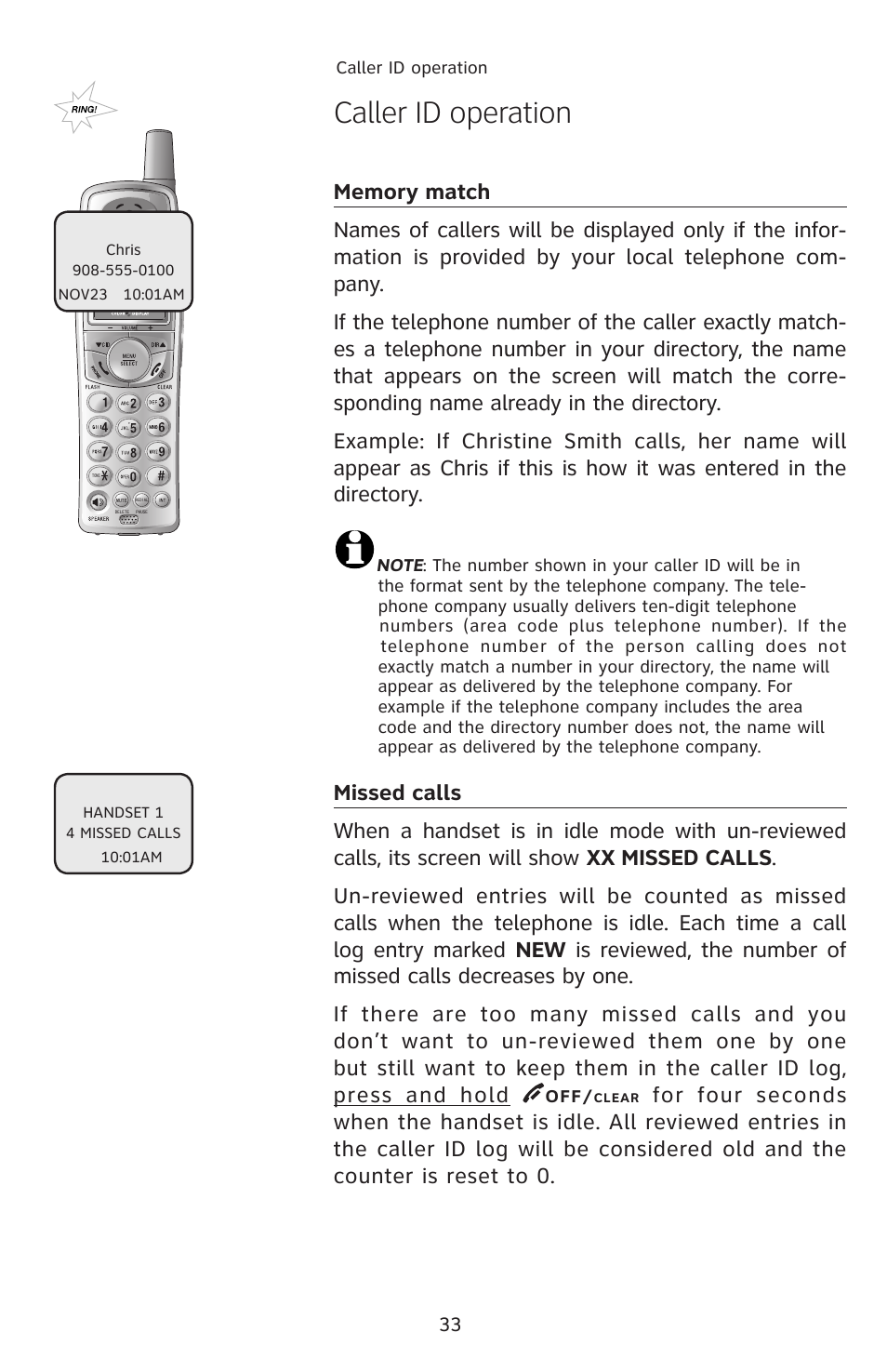 Memory match, Missed calls, Caller id operation | AT&T E2912 User Manual | Page 36 / 71