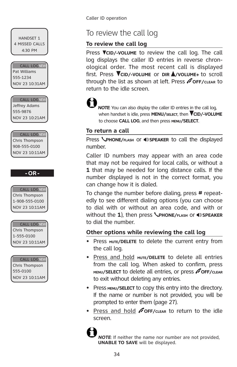 To review the call log, To return a call, Other options while reviewing the call log | AT&T E2912 User Manual | Page 37 / 71