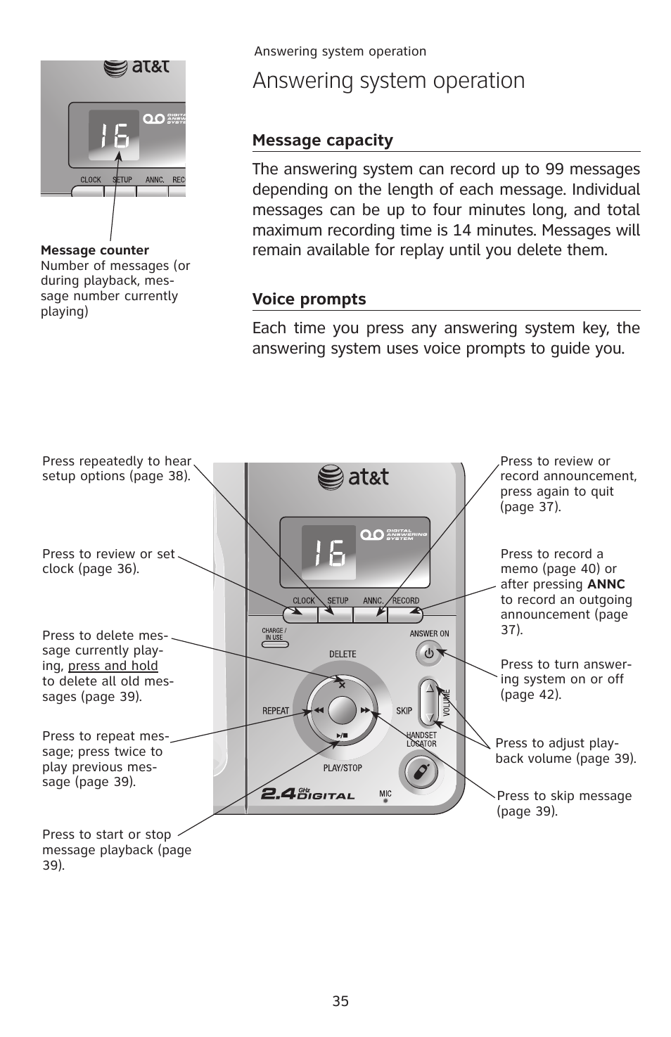 Answering system operation, Message capacity, Voice prompts | AT&T E2912 User Manual | Page 38 / 71