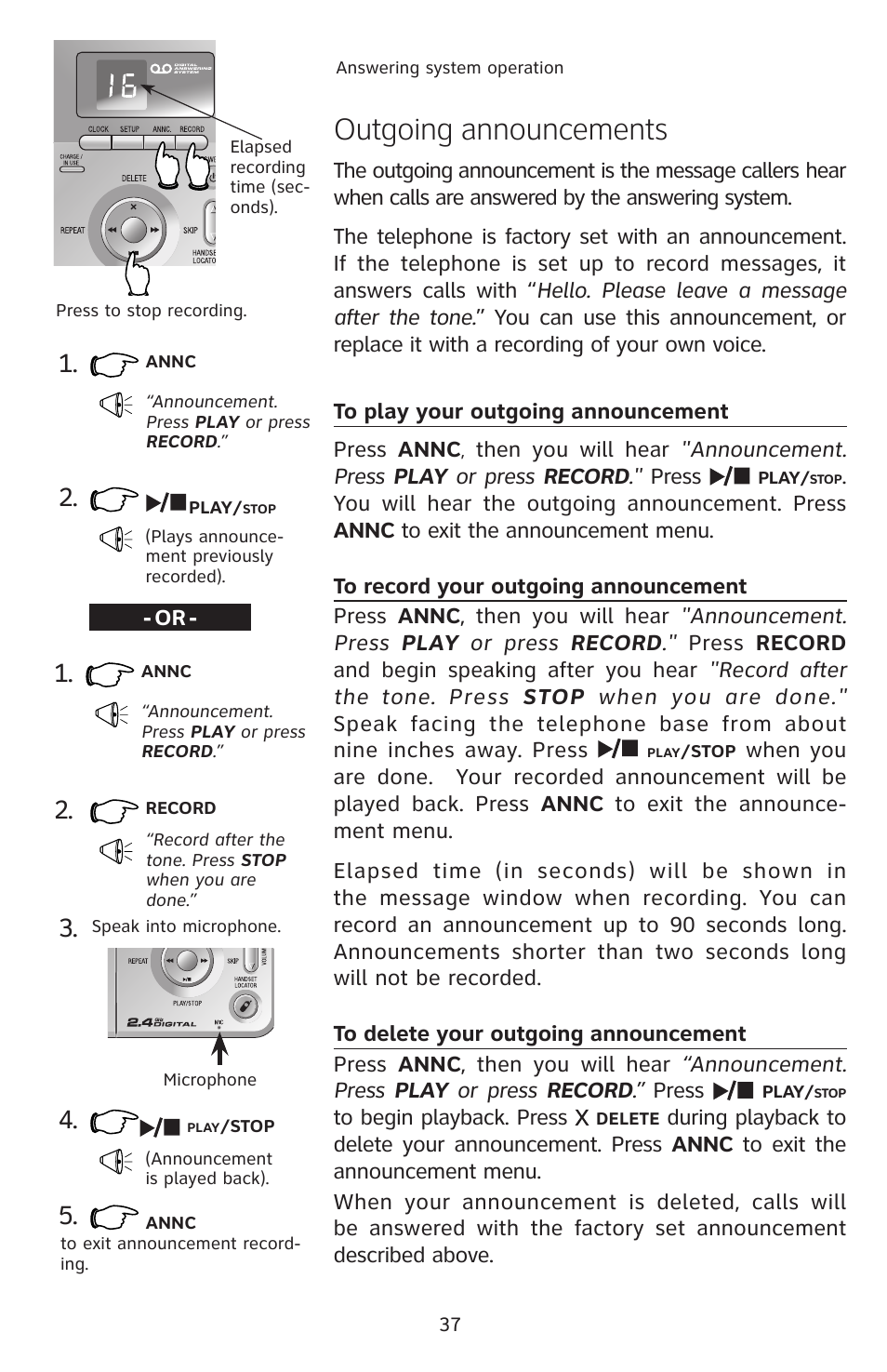 Outgoing announcements, To play your outgoing announcement, To record your outgoing announcement | To delete your outgoing announcement | AT&T E2912 User Manual | Page 40 / 71