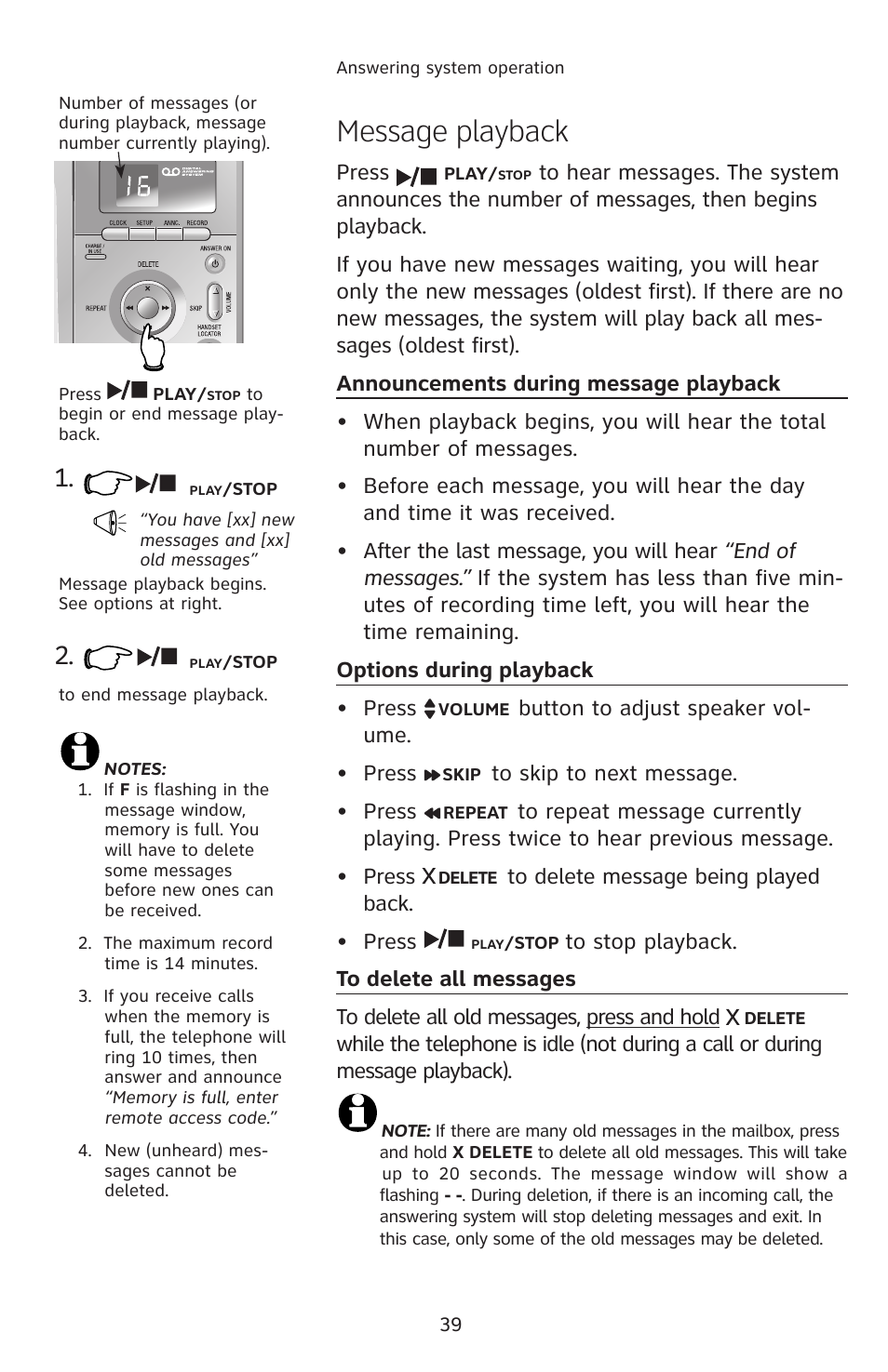 Message playback, Announcements during message playback, Options during playback | To delete all messages | AT&T E2912 User Manual | Page 42 / 71