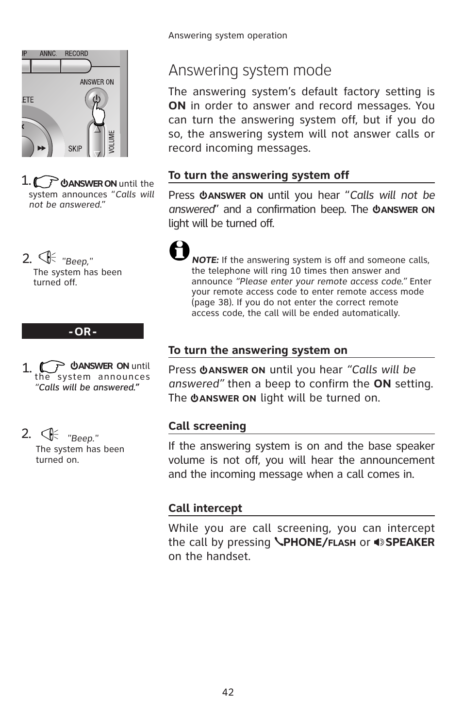 Answering system mode, To turn the answering system on, Call screening | Call intercept, To turn the answering system off | AT&T E2912 User Manual | Page 45 / 71