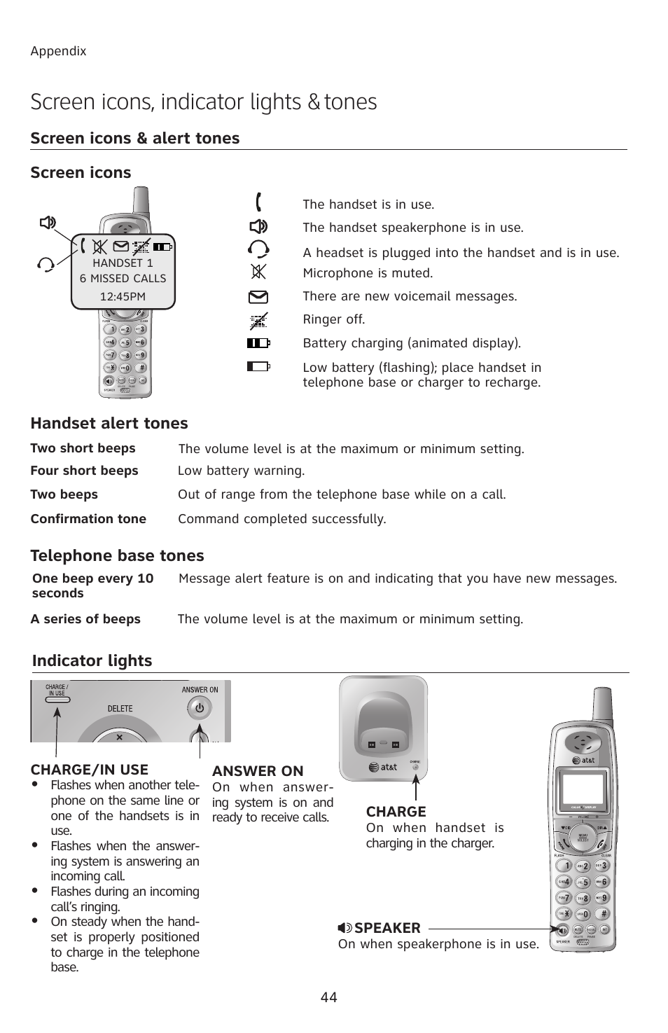 Screen icons, indicator lights & tones, Handset alert tones, Indicator lights | Screen icons & alert tones, Screen icons handset alert tones, Telephone base tones indicator lights | AT&T E2912 User Manual | Page 47 / 71