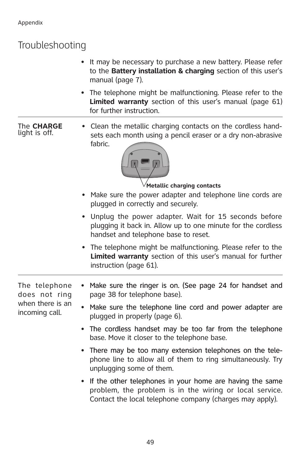 Charge light, Troubleshooting | AT&T E2912 User Manual | Page 52 / 71