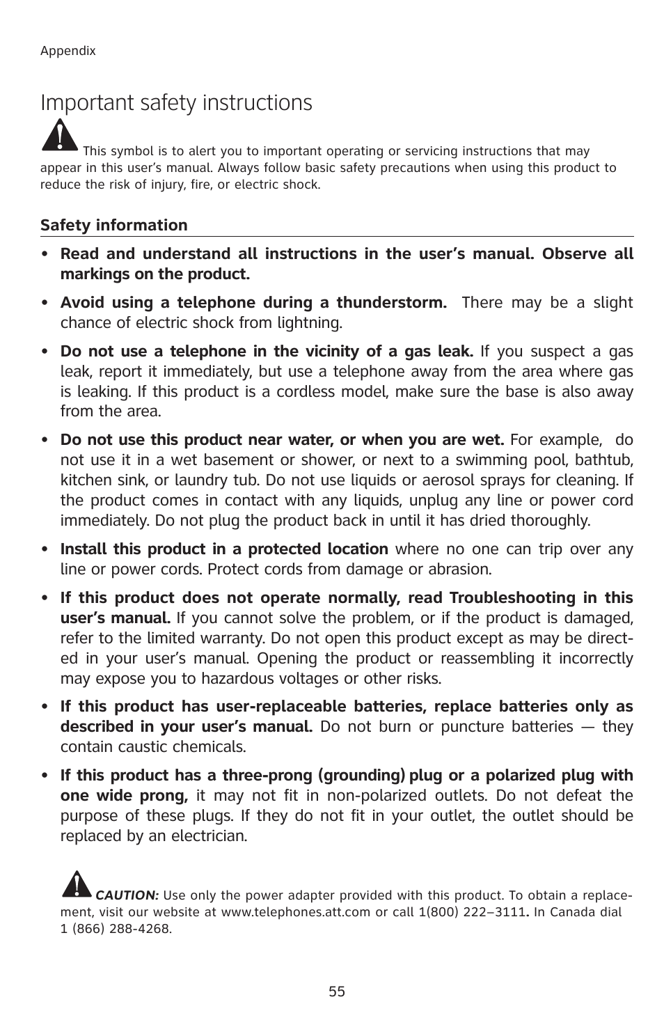 Important safety instructions | AT&T E2912 User Manual | Page 58 / 71